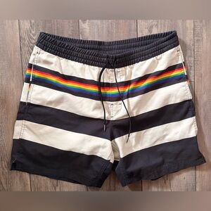 Vans Black and White Striped Swim Shorts with Rainbow Stripe